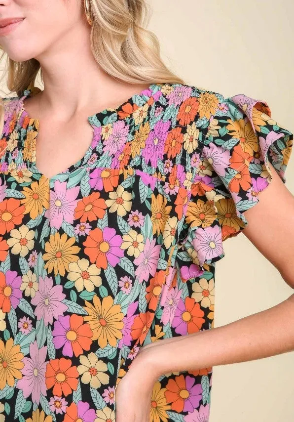 Floral & Smocked Ruffle Sleeve Top