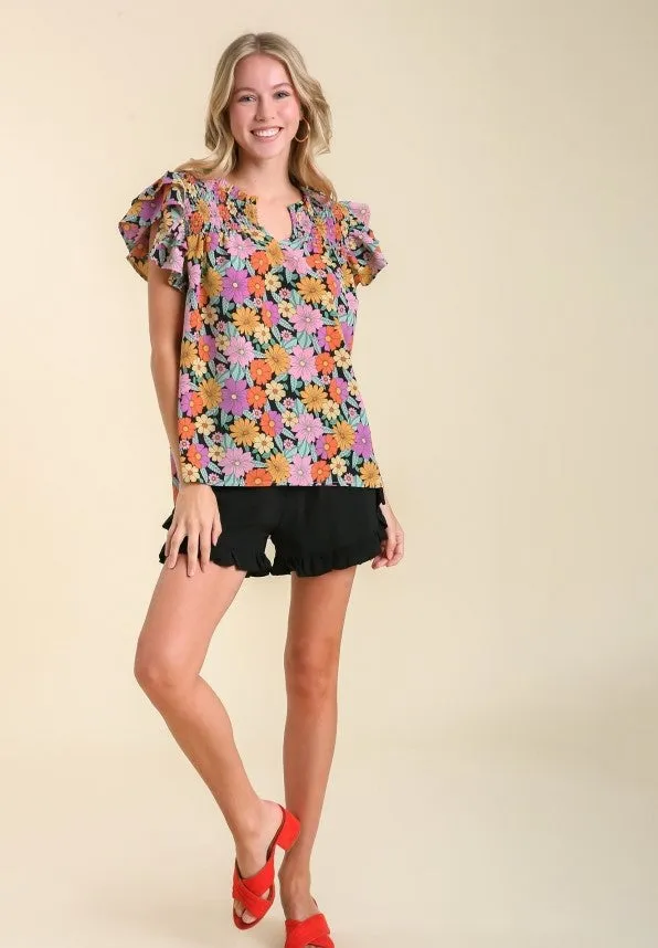 Floral & Smocked Ruffle Sleeve Top