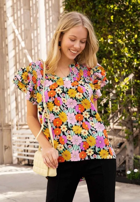 Floral & Smocked Ruffle Sleeve Top