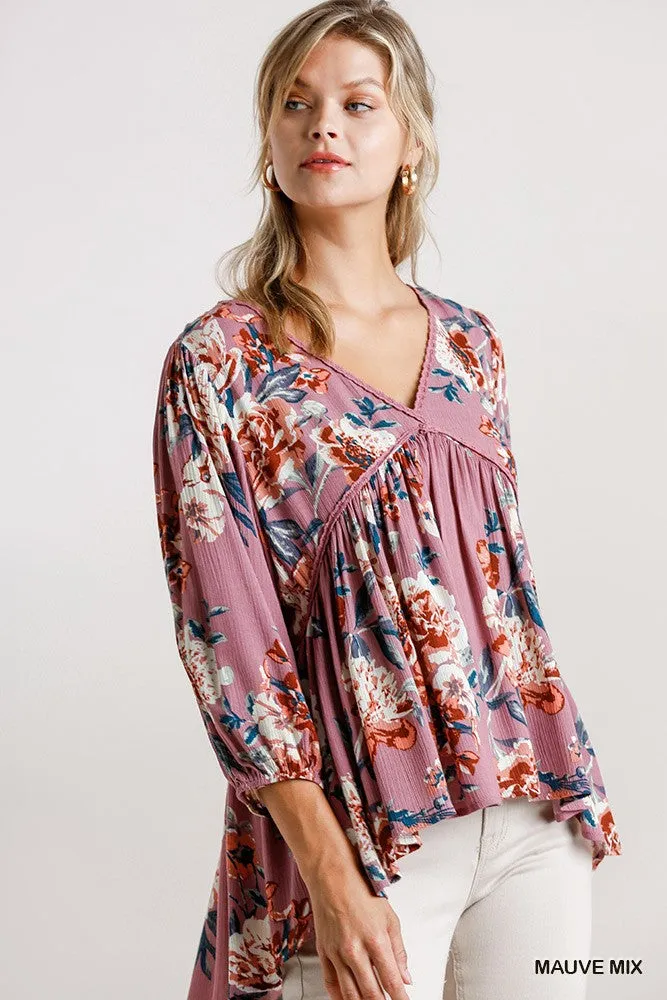 Floral Babydoll Top, Mauve