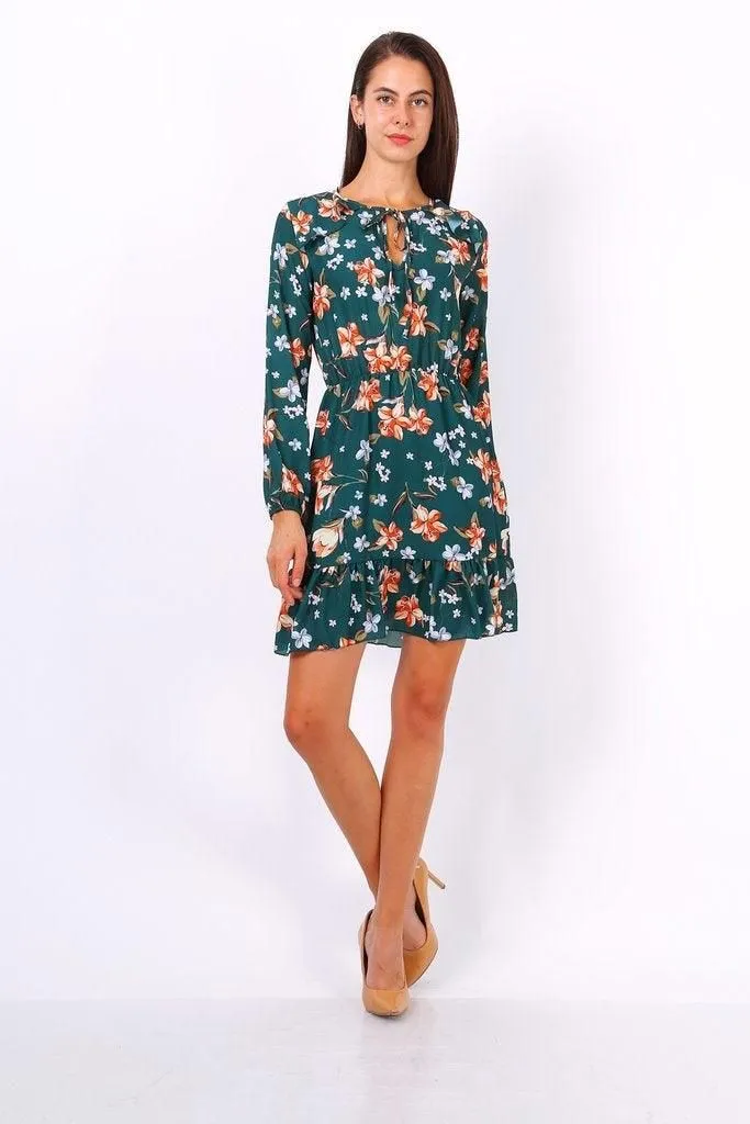 Floral Print Tie Neck Shift Dress