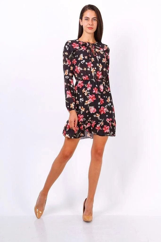 Floral Print Tie Neck Shift Dress