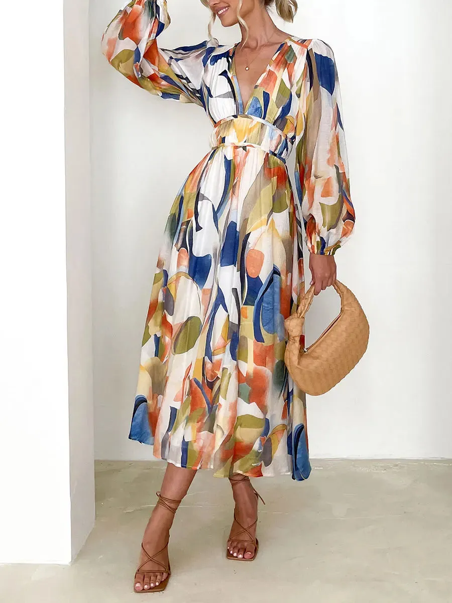 Floral Print V-Neck Long Puff Sleeve High Waist A-Line Spring Fall Casual Maxi Bohemian Dress