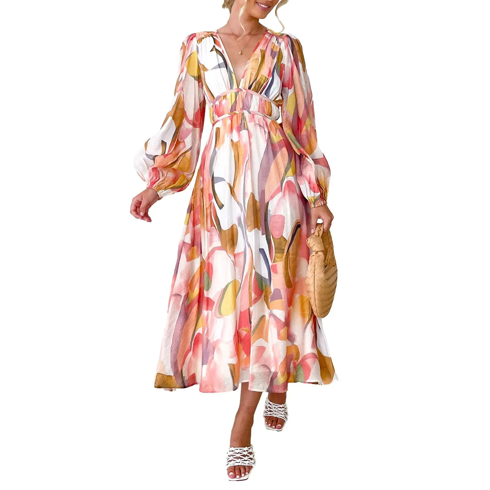 Floral Print V-Neck Long Puff Sleeve High Waist A-Line Spring Fall Casual Maxi Bohemian Dress