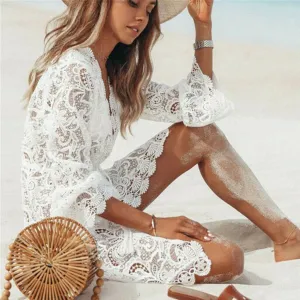 Floral White Lace Tunic Swimsuit Cover-up