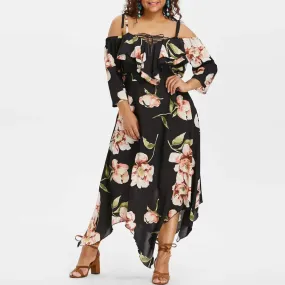 Flower Print Plus Size Casual Short Sleeve Boho Casual Maxi Dress