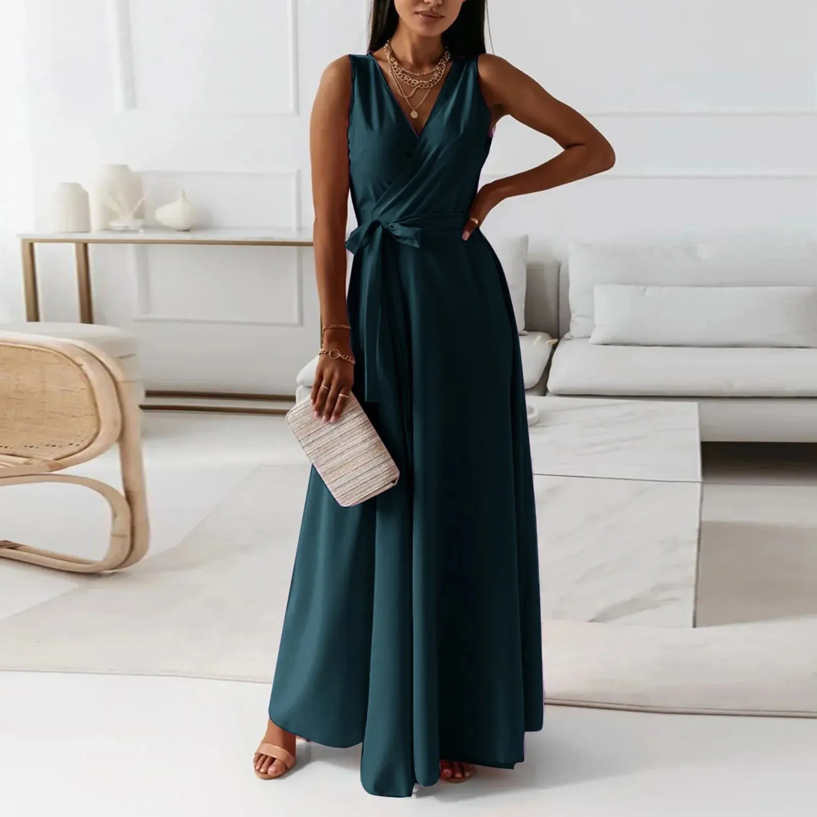 Formal Solid V Neck Maxi Cocktail Party Casual Elegant Dress