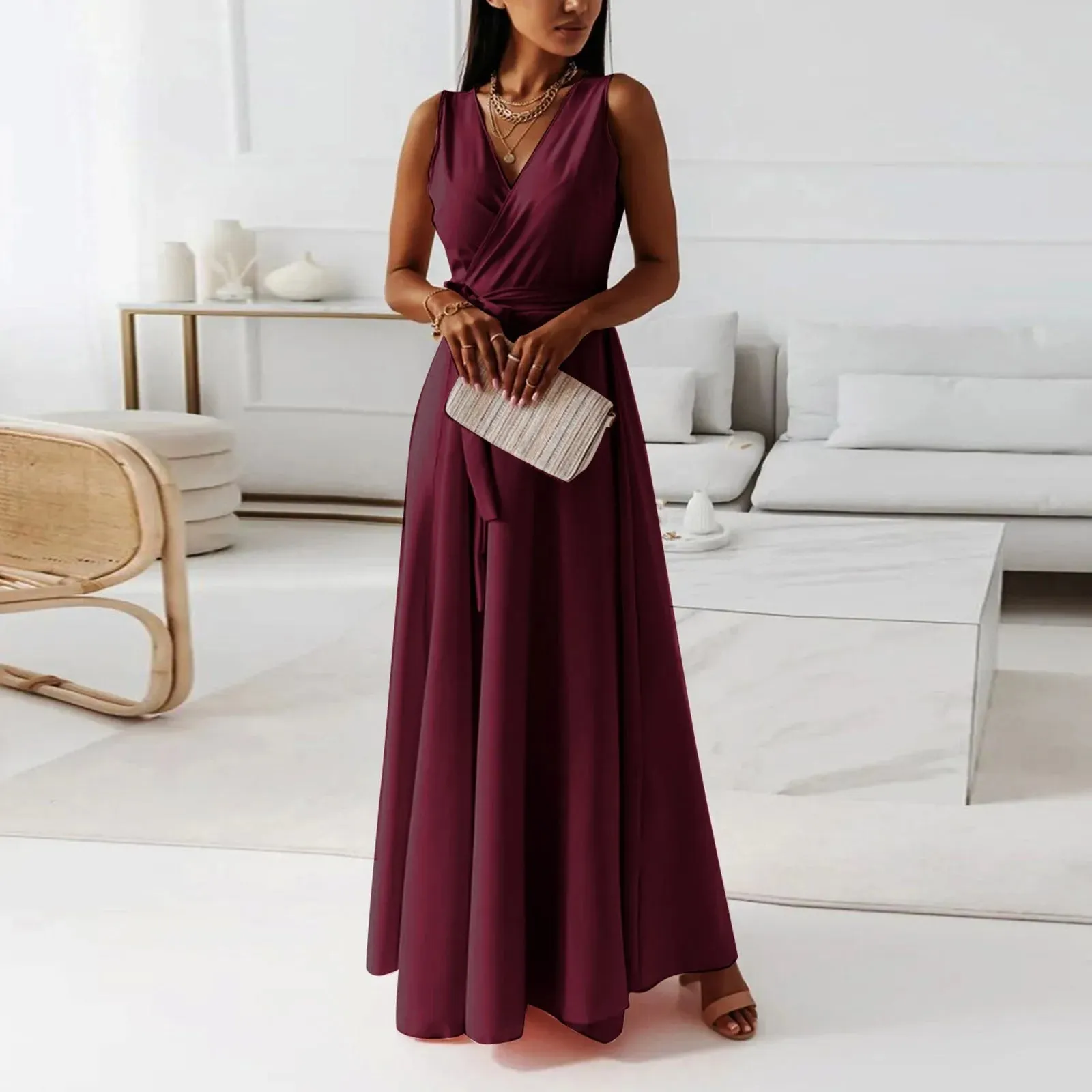 Formal Solid V Neck Maxi Cocktail Party Casual Elegant Dress