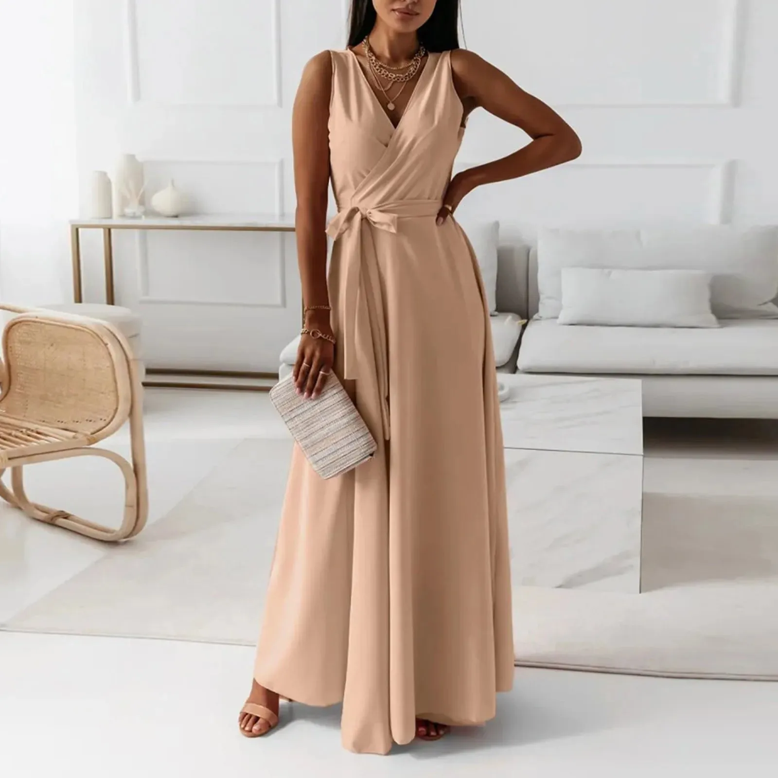 Formal Solid V Neck Maxi Cocktail Party Casual Elegant Dress