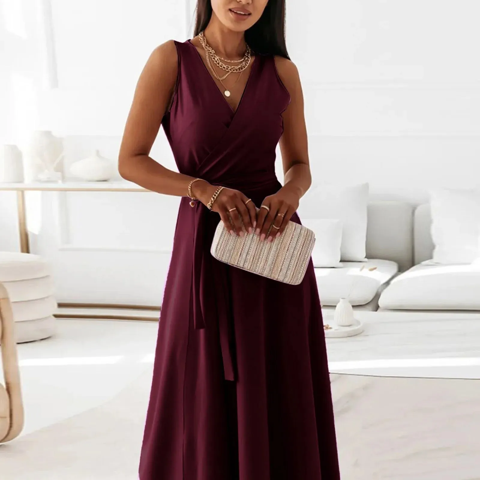 Formal Solid V Neck Maxi Cocktail Party Casual Elegant Dress