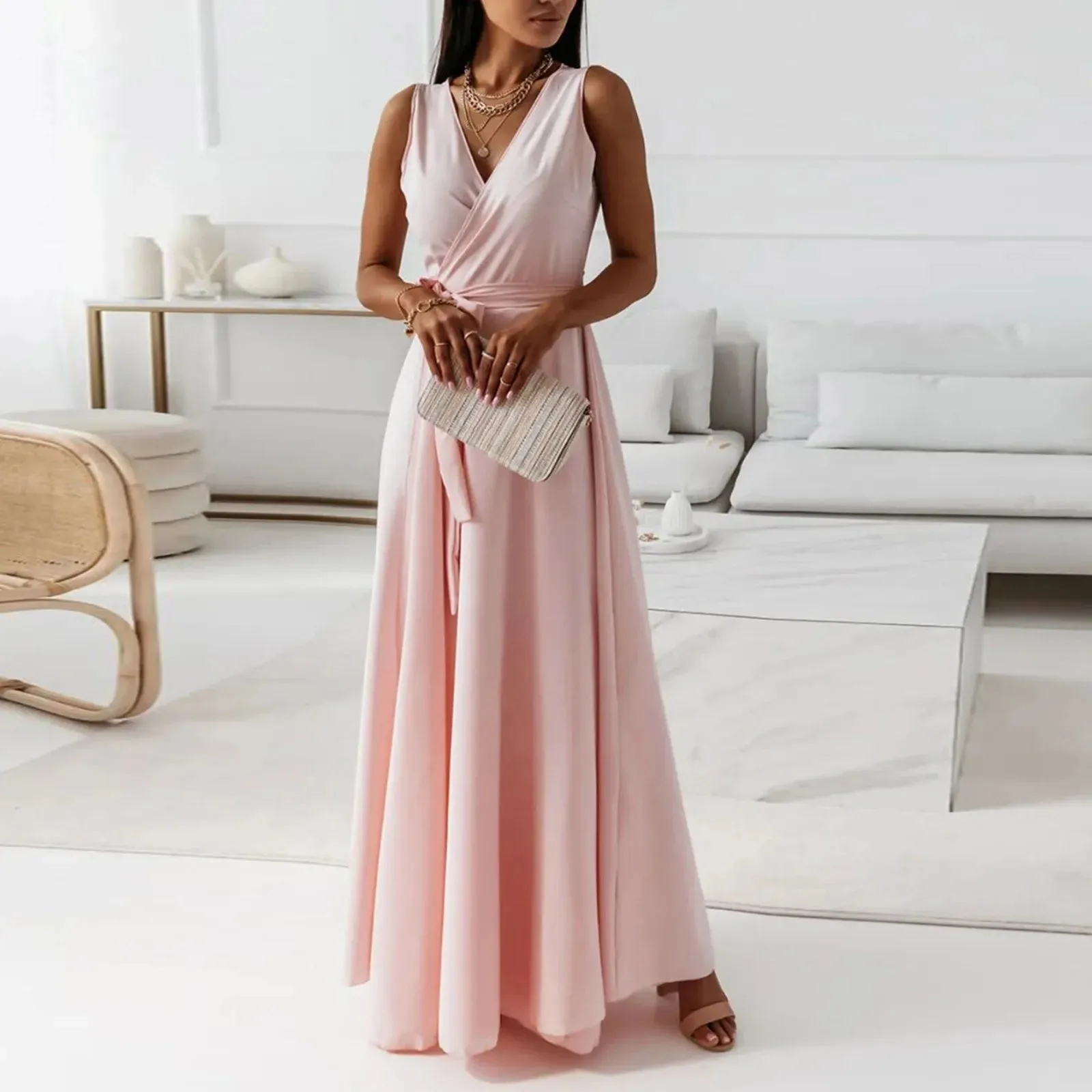 Formal Solid V Neck Maxi Cocktail Party Casual Elegant Dress