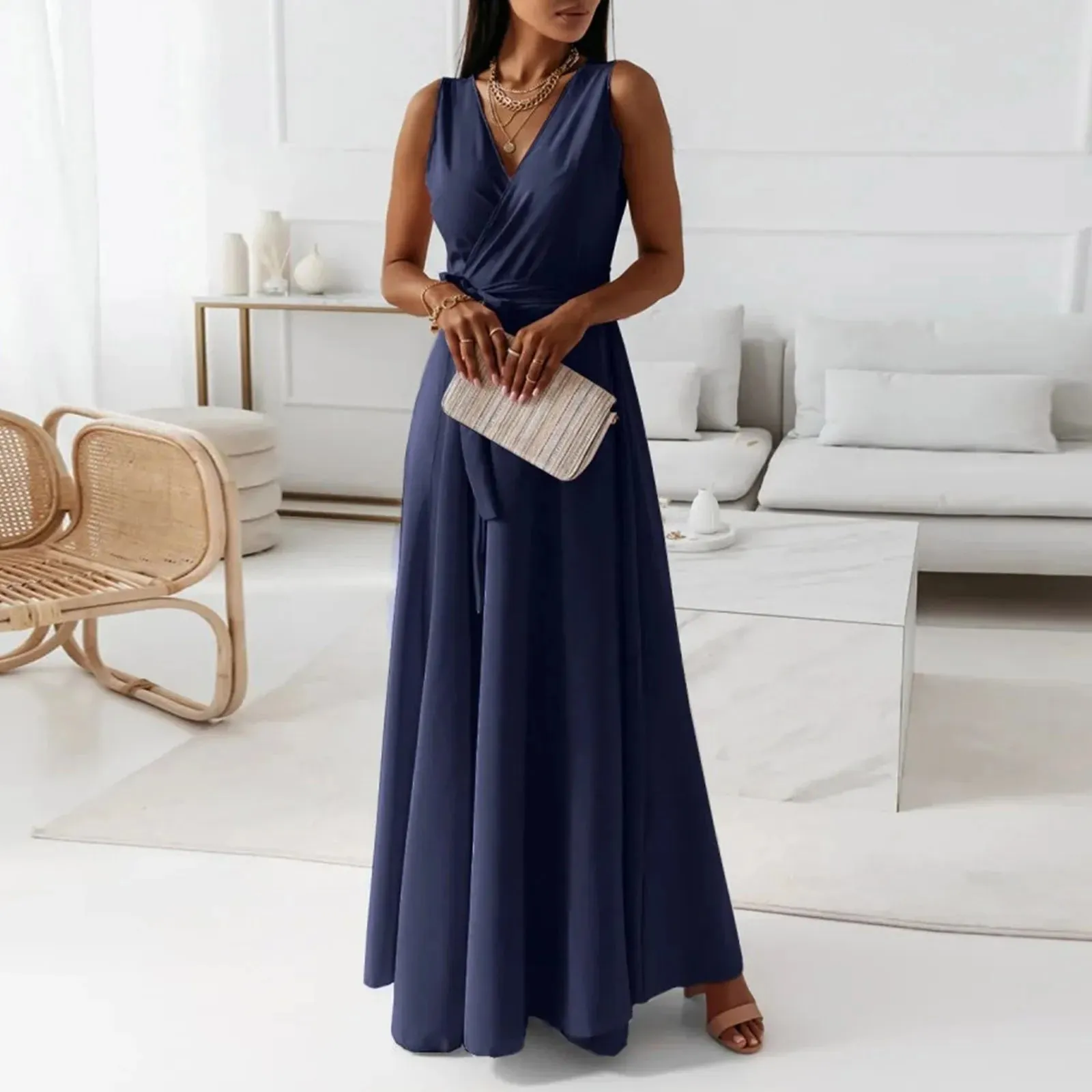 Formal Solid V Neck Maxi Cocktail Party Casual Elegant Dress