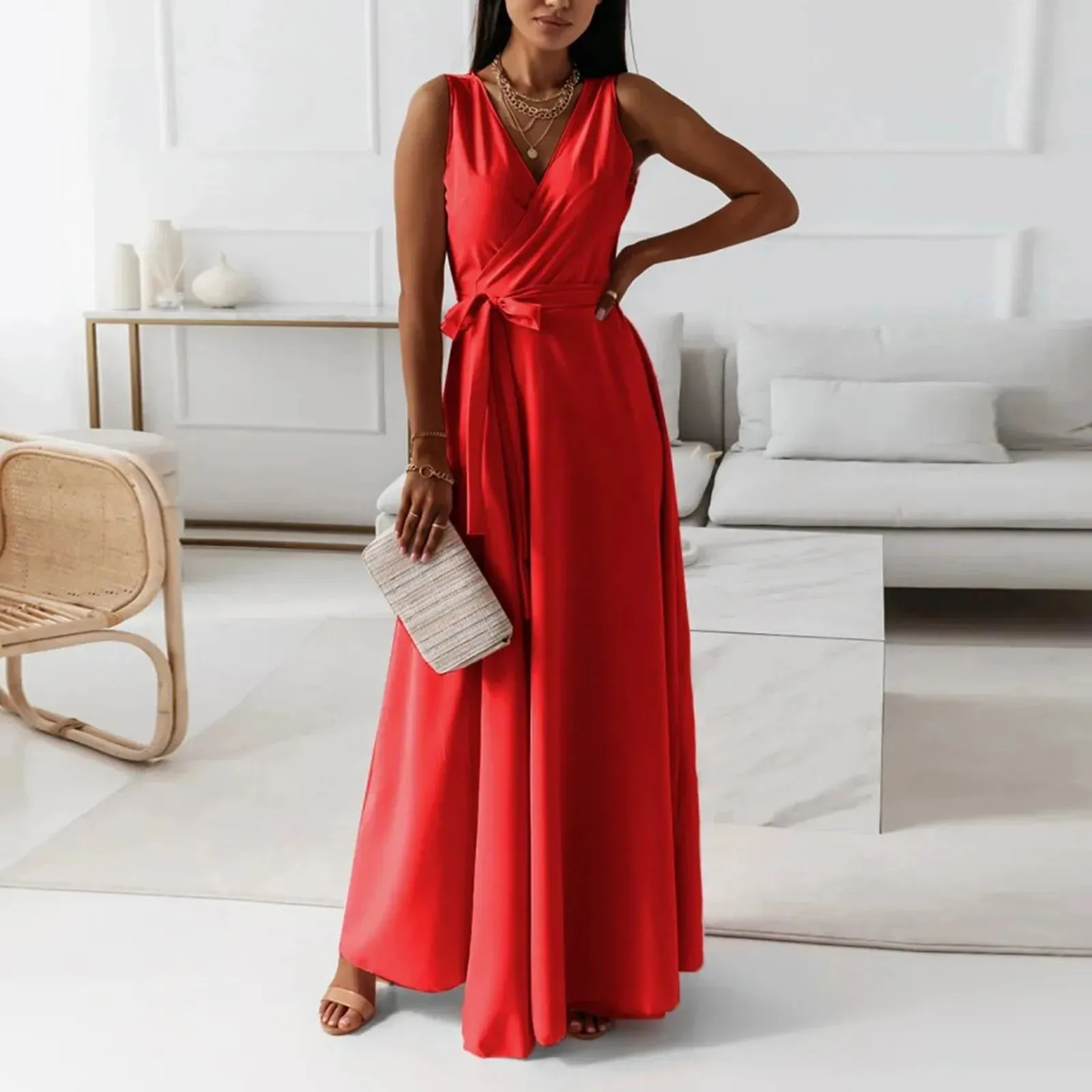 Formal Solid V Neck Maxi Cocktail Party Casual Elegant Dress