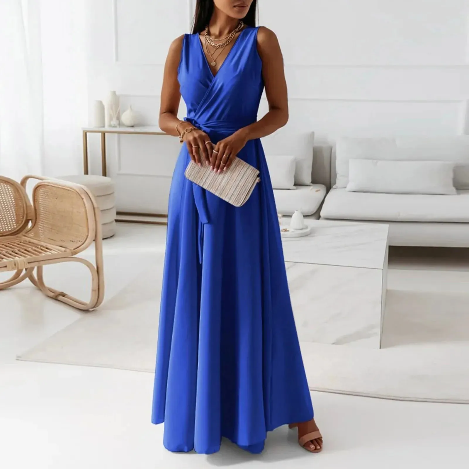 Formal Solid V Neck Maxi Cocktail Party Casual Elegant Dress