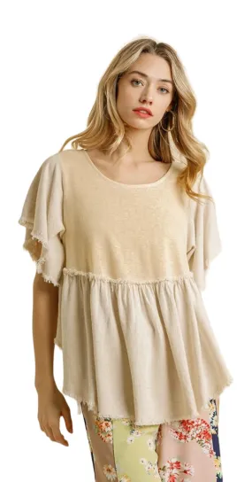 Frayed Short Sleeve Top, Oatmeal