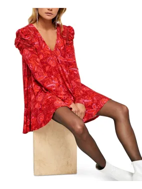 Free People Women's Red Ruffled Floral Long Sleeve V Neck Tunic Top Red Size X-Small