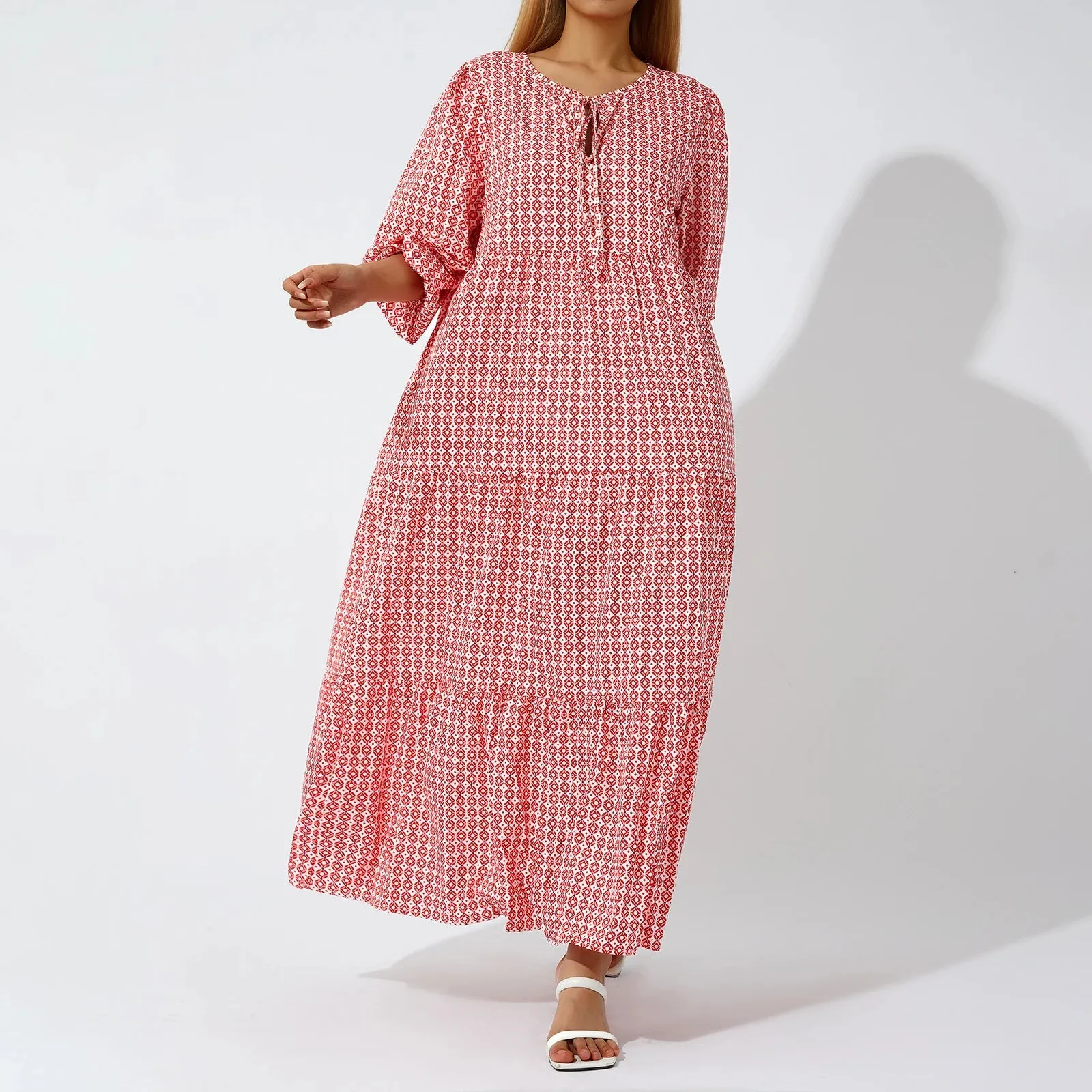 Geometric V-neck Puff Long Loose Vintage Spring Summer Beach Maxi Elegant Dress