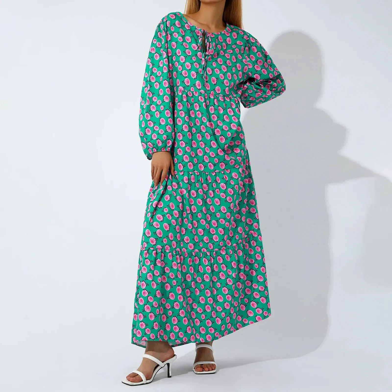 Geometric V-neck Puff Long Loose Vintage Spring Summer Beach Maxi Elegant Dress