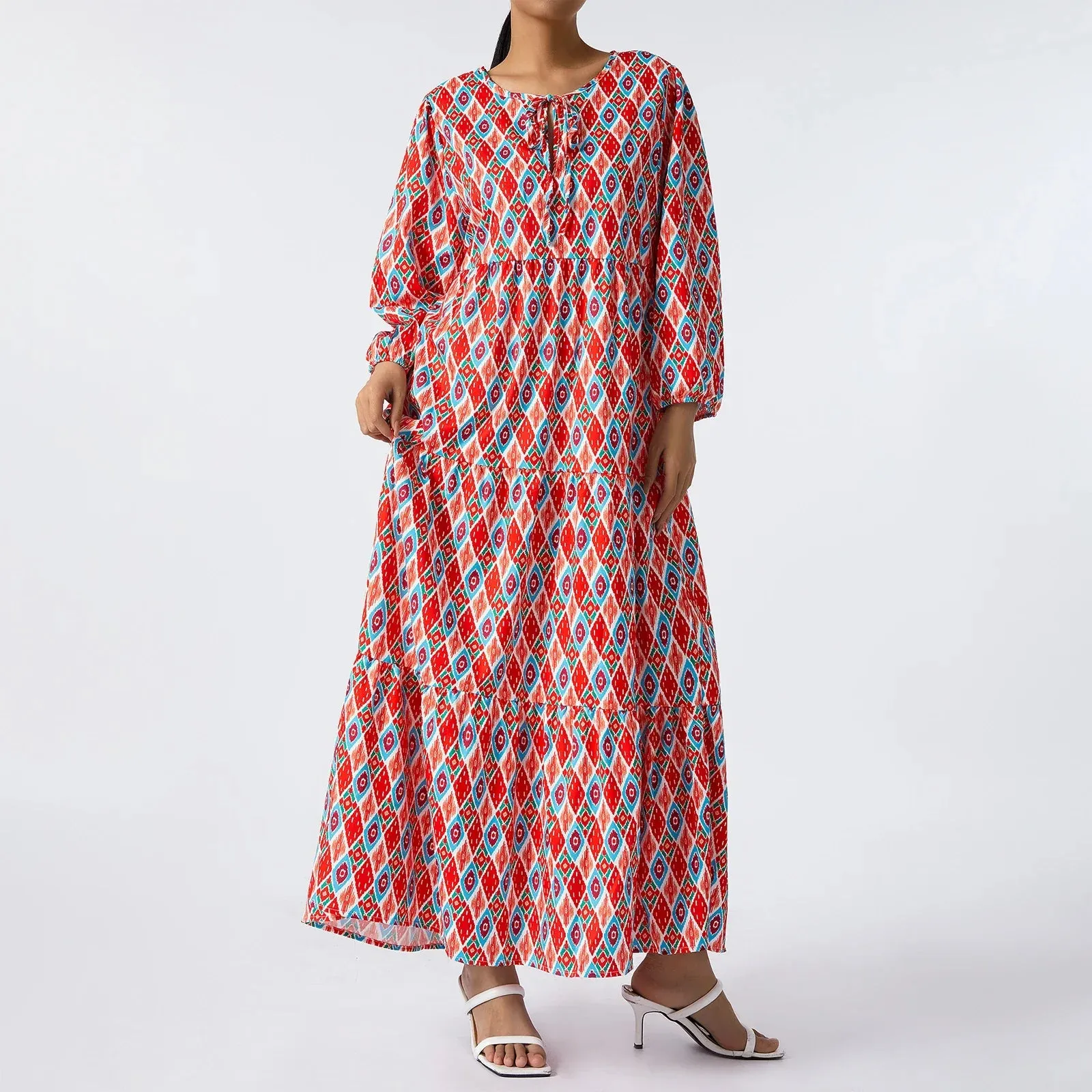 Geometric V-neck Puff Long Loose Vintage Spring Summer Beach Maxi Elegant Dress