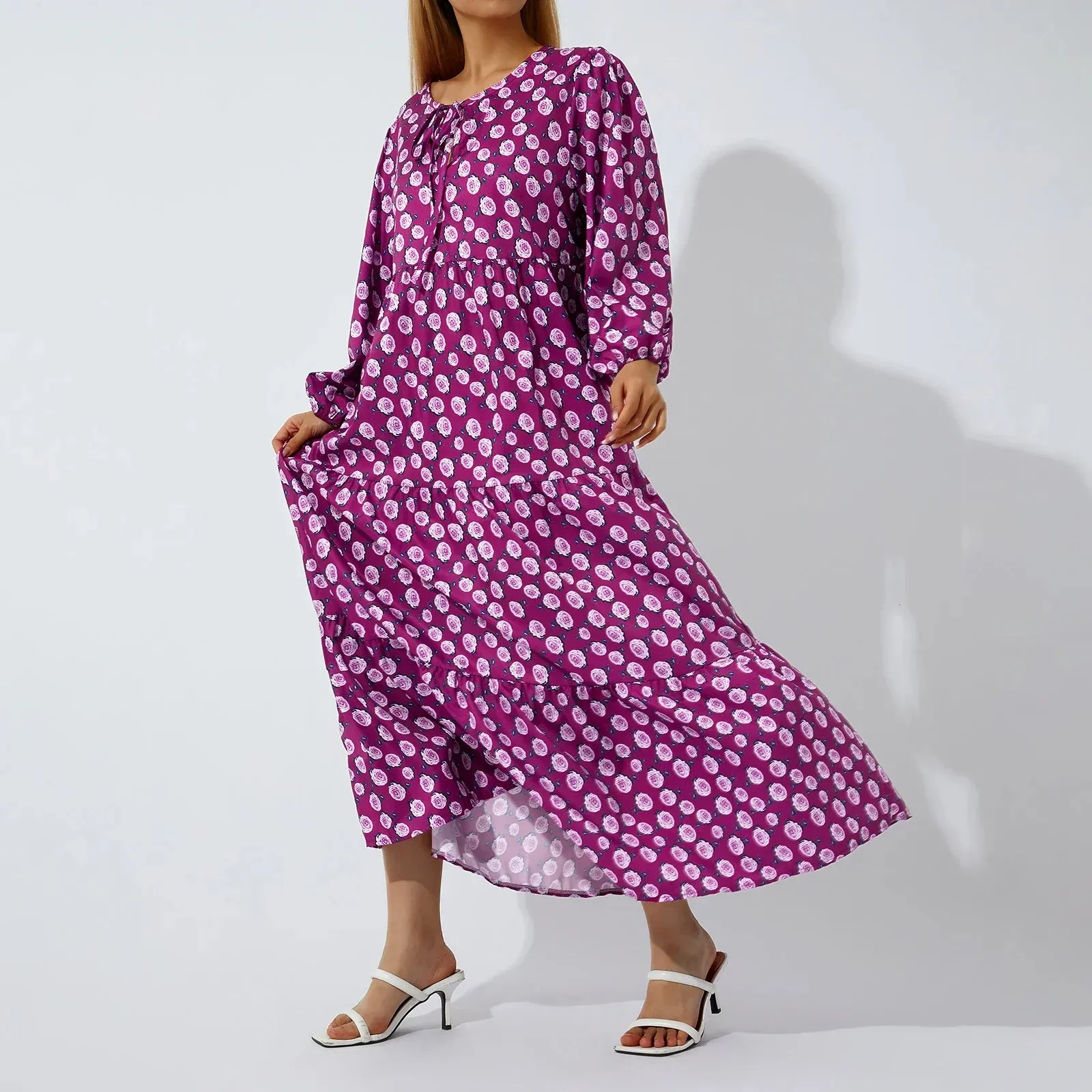 Geometric V-neck Puff Long Loose Vintage Spring Summer Beach Maxi Elegant Dress