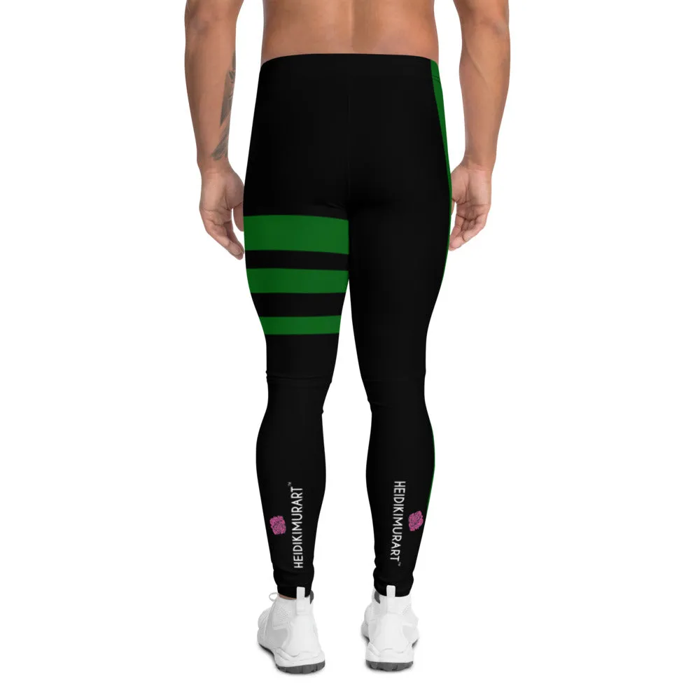 Green Black Striped Men's Leggings, Designer Premium Black Striped Meggings-Made in USA/EU/MX