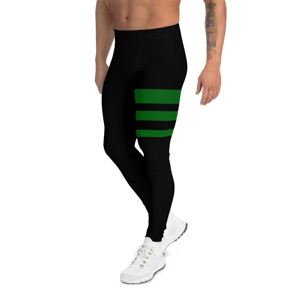 Green Black Striped Men's Leggings, Designer Premium Black Striped Meggings-Made in USA/EU/MX