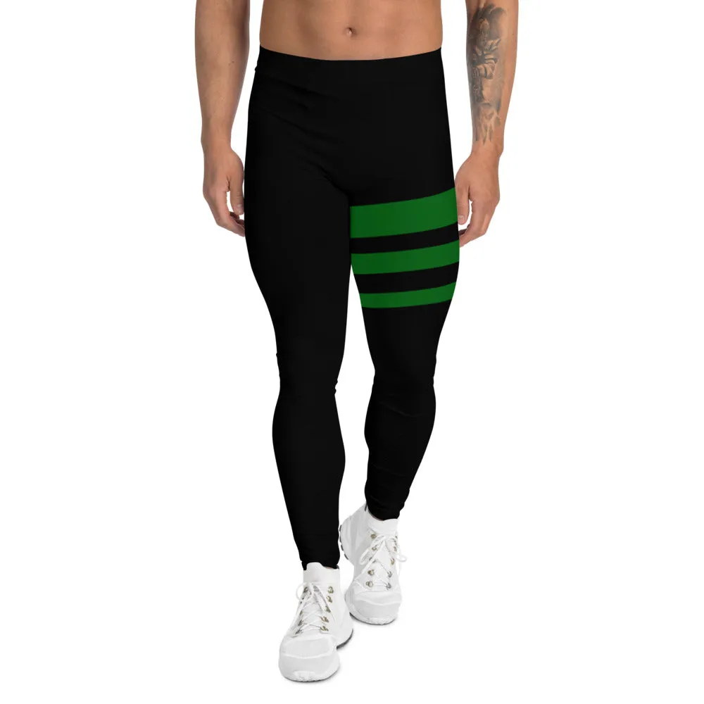 Green Black Striped Men's Leggings, Designer Premium Black Striped Meggings-Made in USA/EU/MX