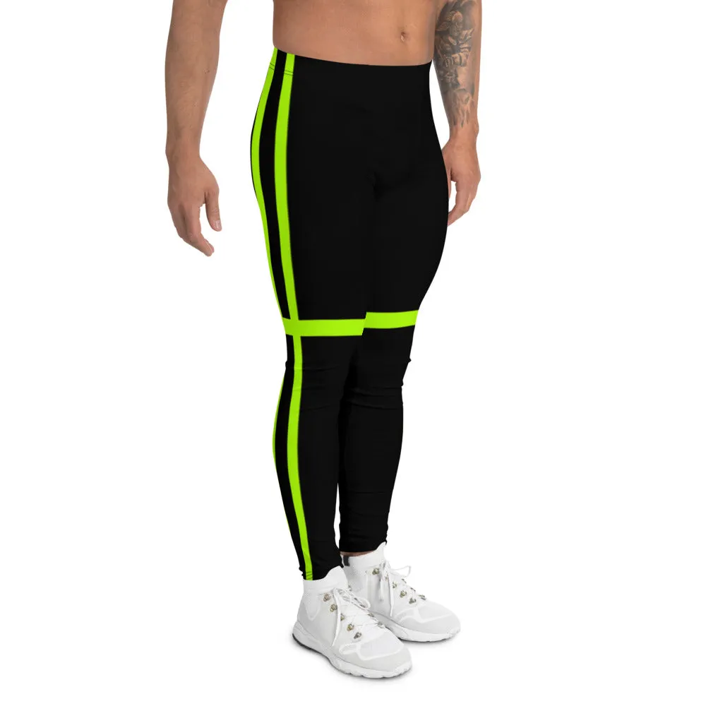 Green Stripes Best Men's Leggings, Designer Neon Green Black Meggings-Made in USA/EU/MX