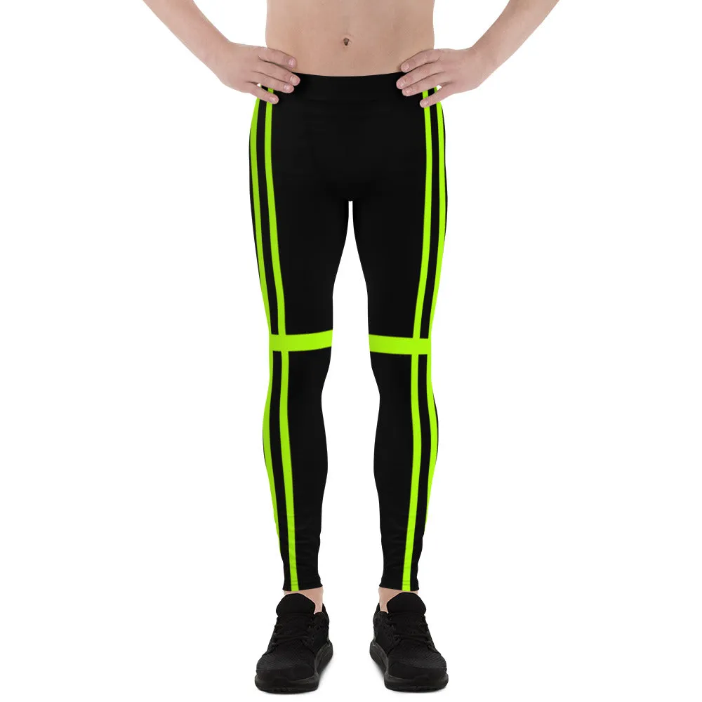 Green Stripes Best Men's Leggings, Designer Neon Green Black Meggings-Made in USA/EU/MX