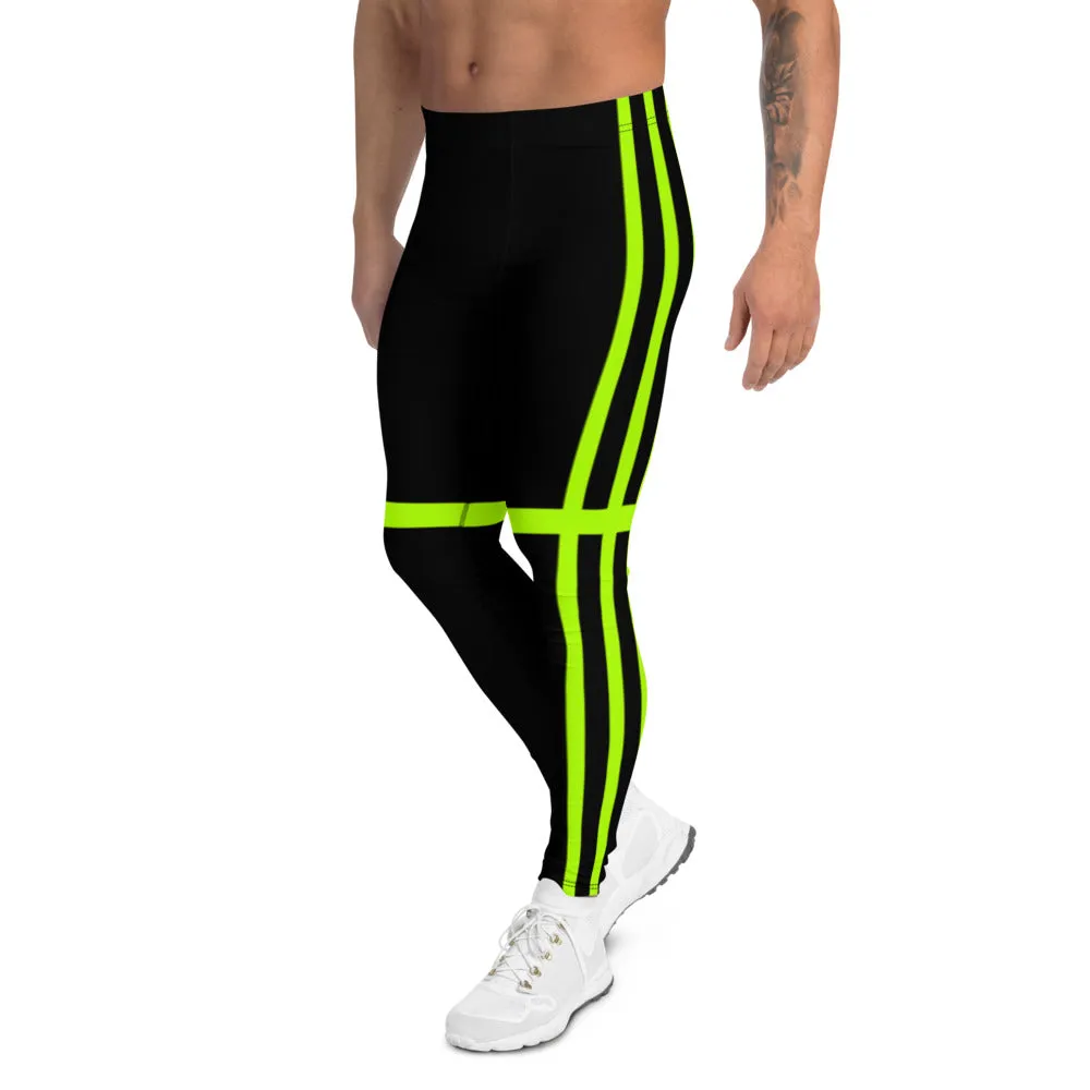 Green Stripes Best Men's Leggings, Designer Neon Green Black Meggings-Made in USA/EU/MX