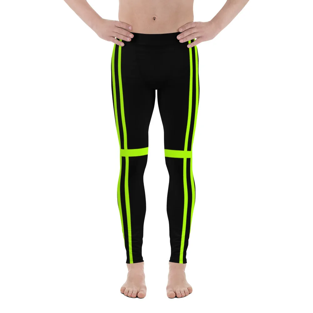 Green Stripes Best Men's Leggings, Designer Neon Green Black Meggings-Made in USA/EU/MX