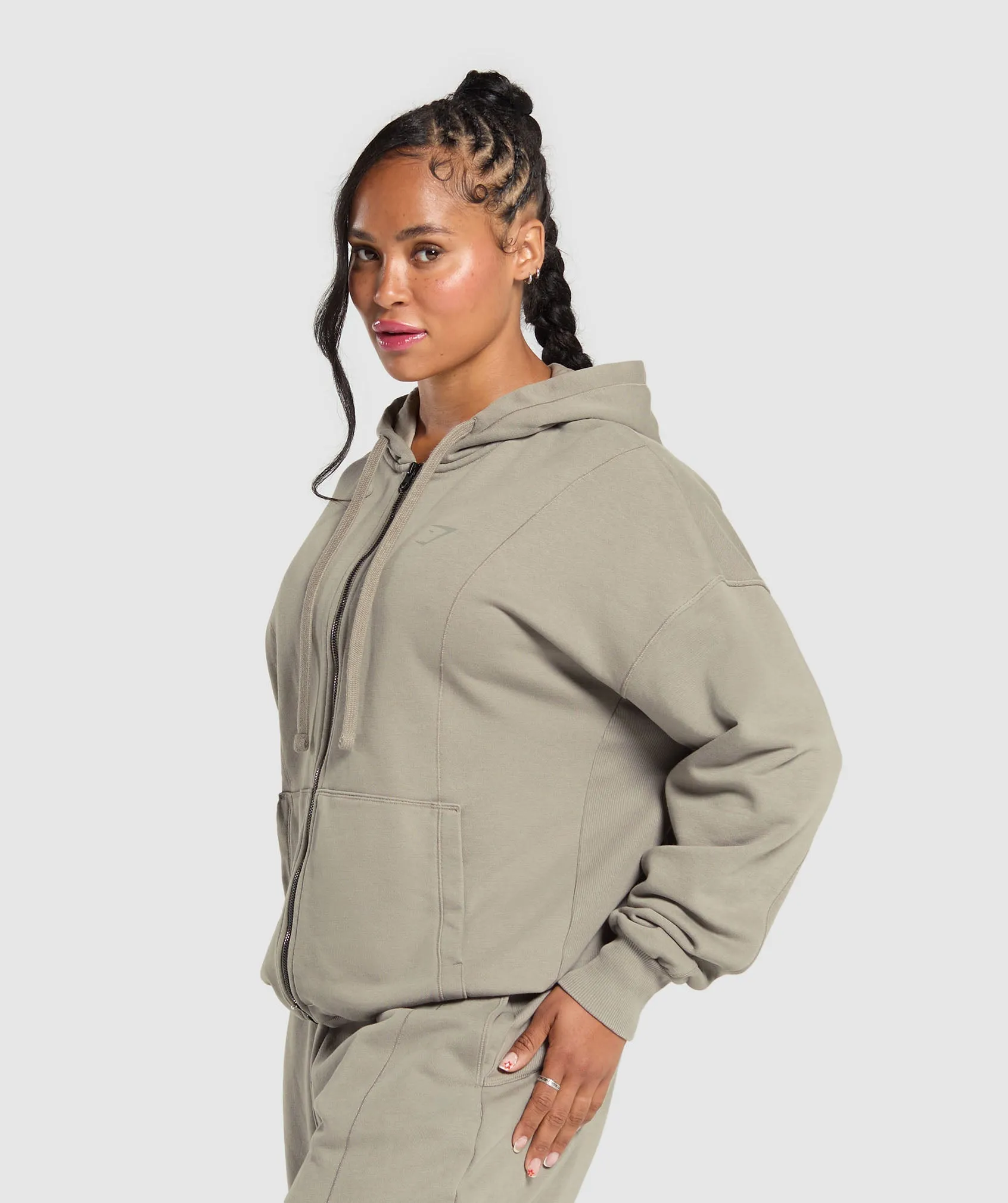 Gymshark Power Oversized Zip Hoodie - Linen Brown/Acid Wash