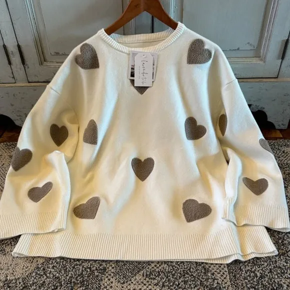 Heart Embroidered White Pullover Sweater