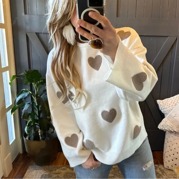 Heart Embroidered White Pullover Sweater