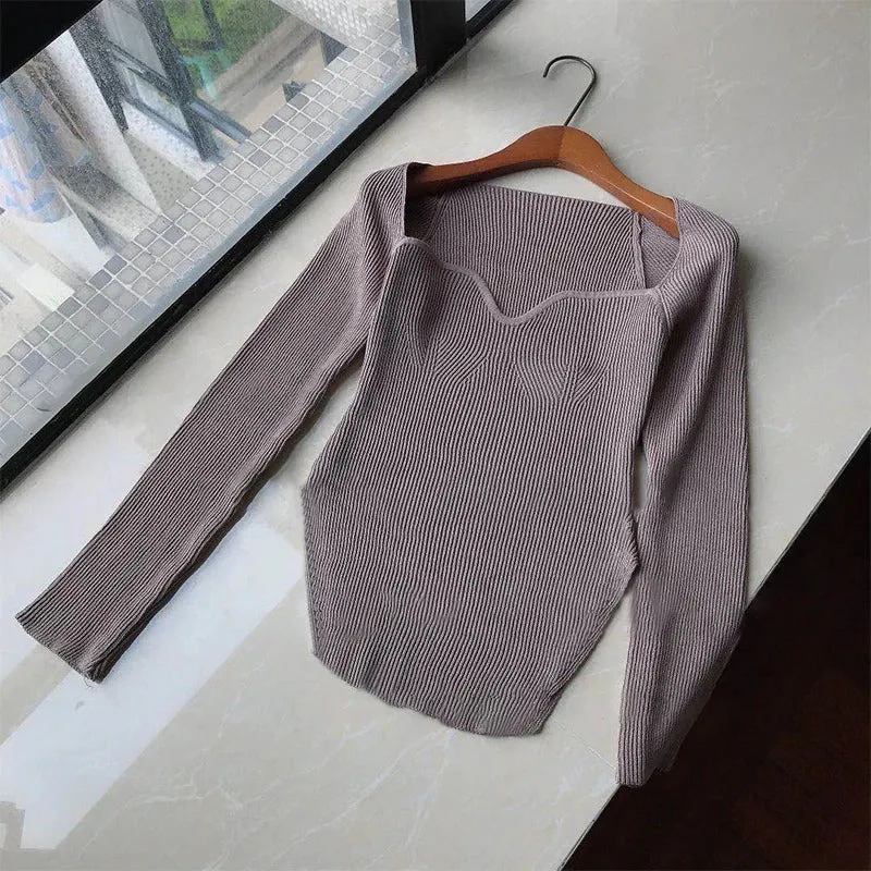 High Stretch Elegant Square Collar Full Sleeves Knitted Pullover Tops