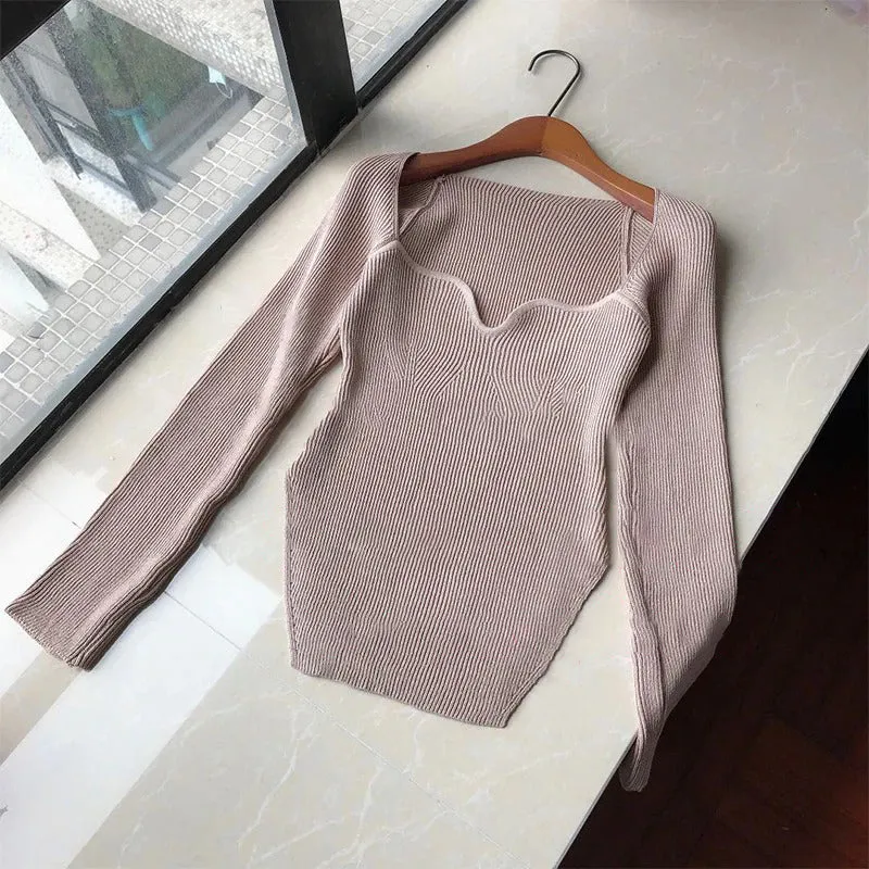 High Stretch Elegant Square Collar Full Sleeves Knitted Pullover Tops