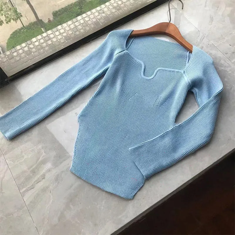 High Stretch Elegant Square Collar Full Sleeves Knitted Pullover Tops