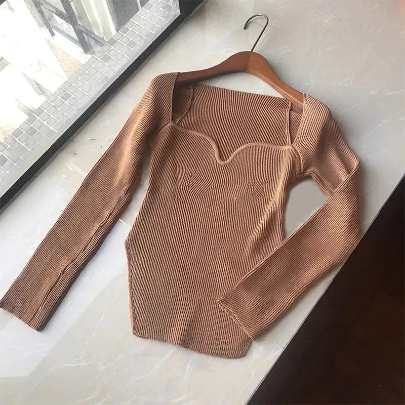 High Stretch Elegant Square Collar Full Sleeves Knitted Pullover Tops