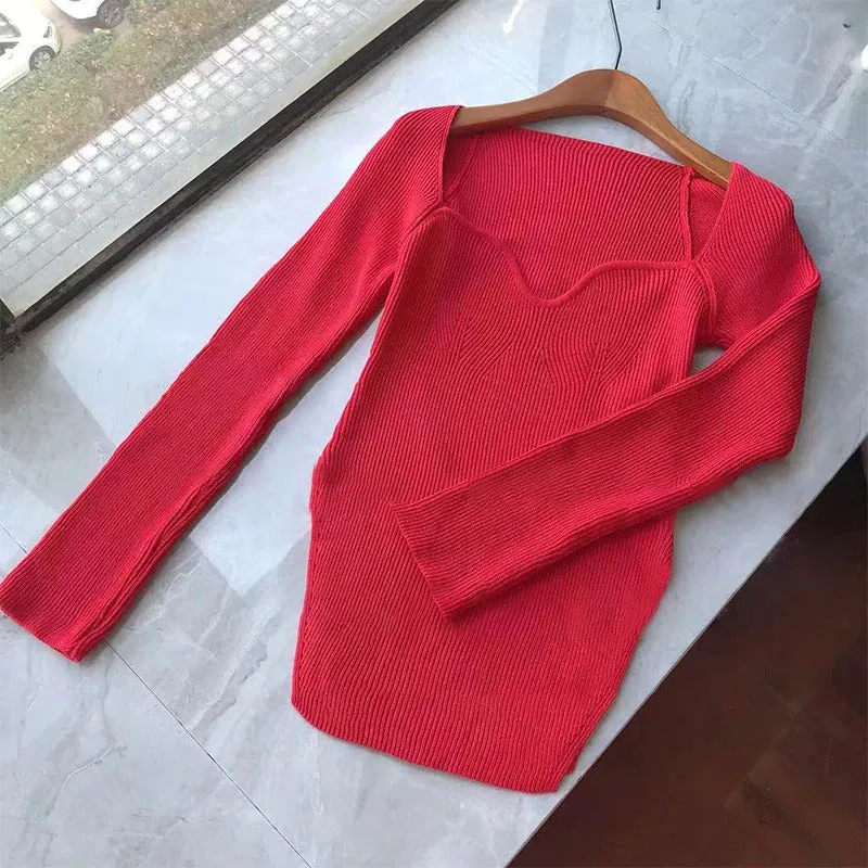 High Stretch Elegant Square Collar Full Sleeves Knitted Pullover Tops