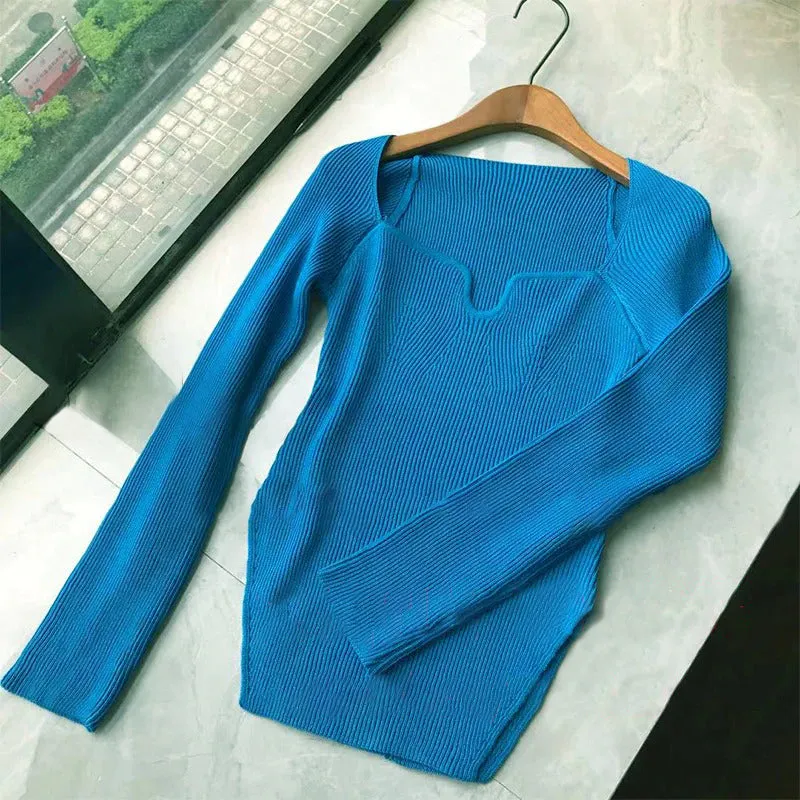 High Stretch Elegant Square Collar Full Sleeves Knitted Pullover Tops