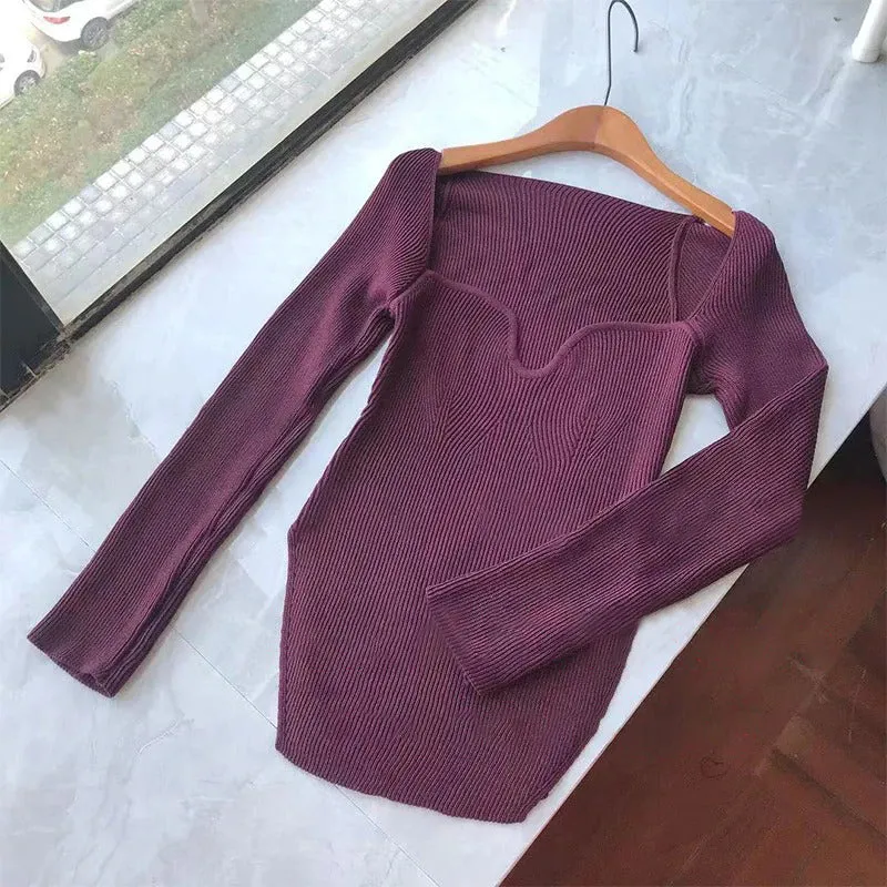 High Stretch Elegant Square Collar Full Sleeves Knitted Pullover Tops