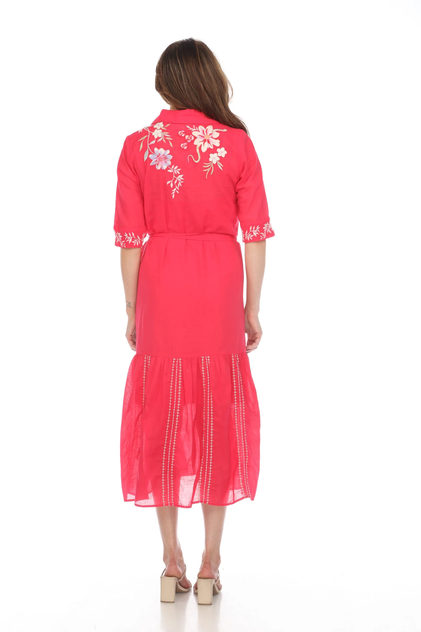 Johnny Was Workshop Watermelon Pink Darcey Henley Tiered Shirt Dress W36024