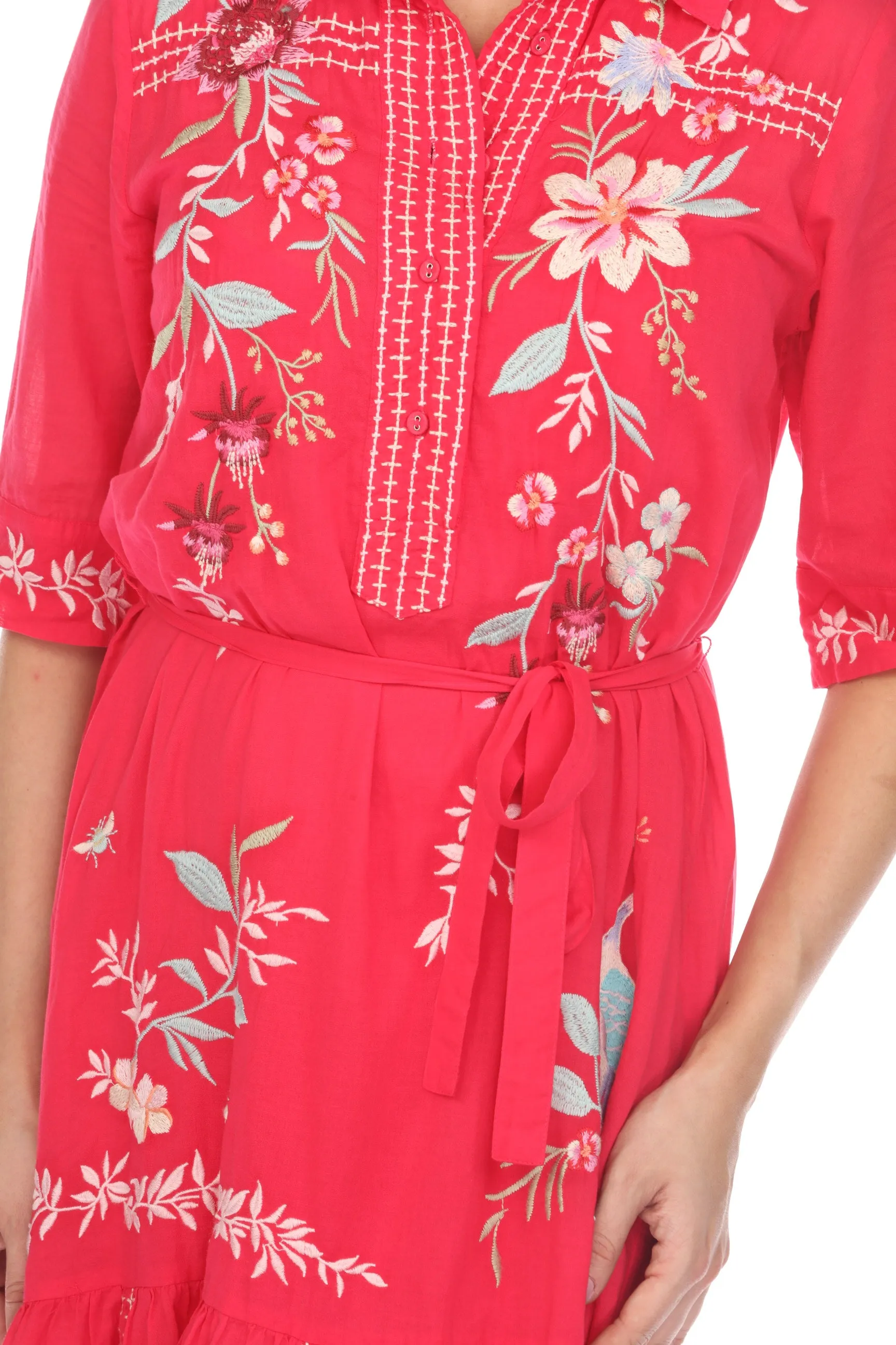 Johnny Was Workshop Watermelon Pink Darcey Henley Tiered Shirt Dress W36024