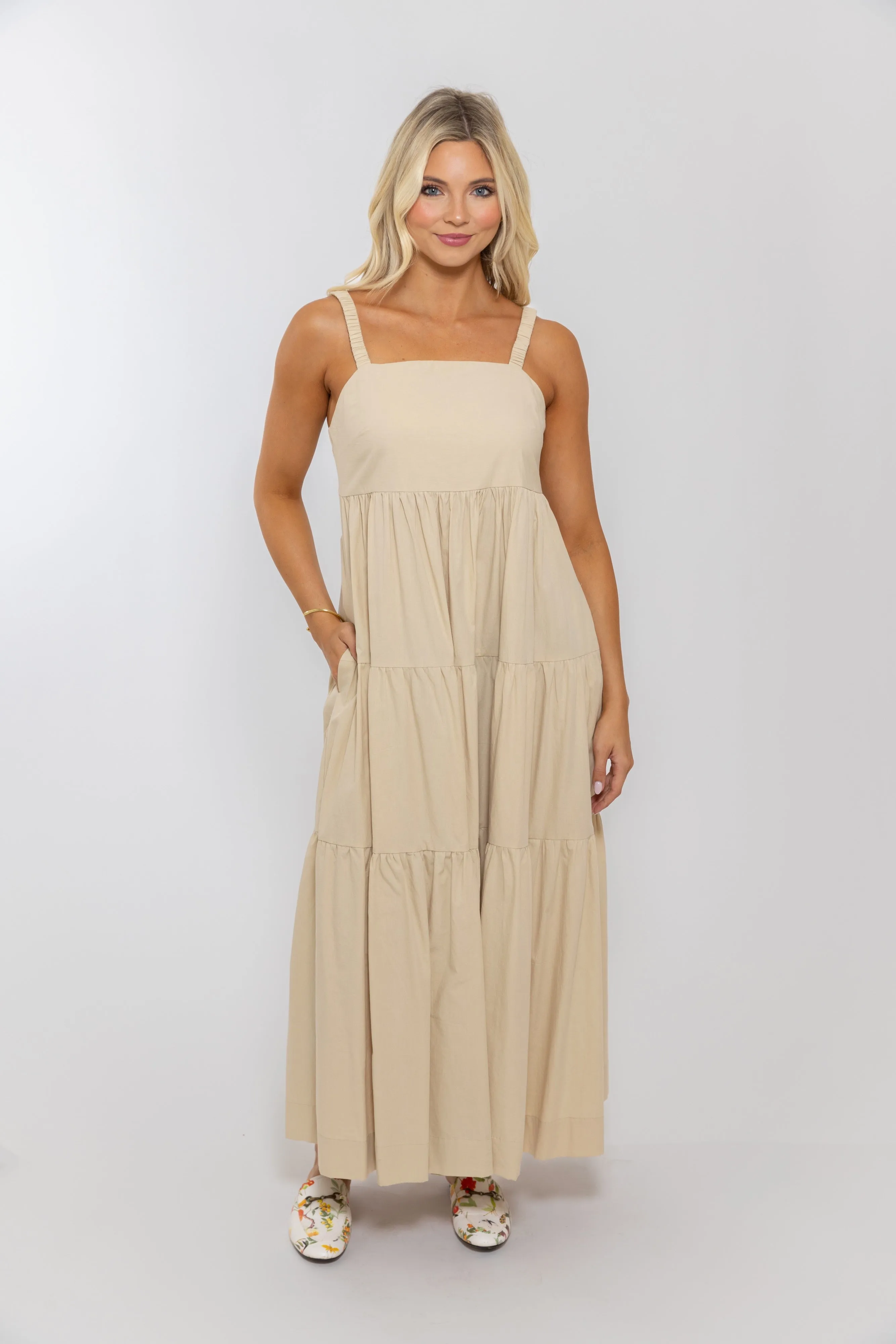 KARLIE Poplin Tier Maxi Dress - Natural