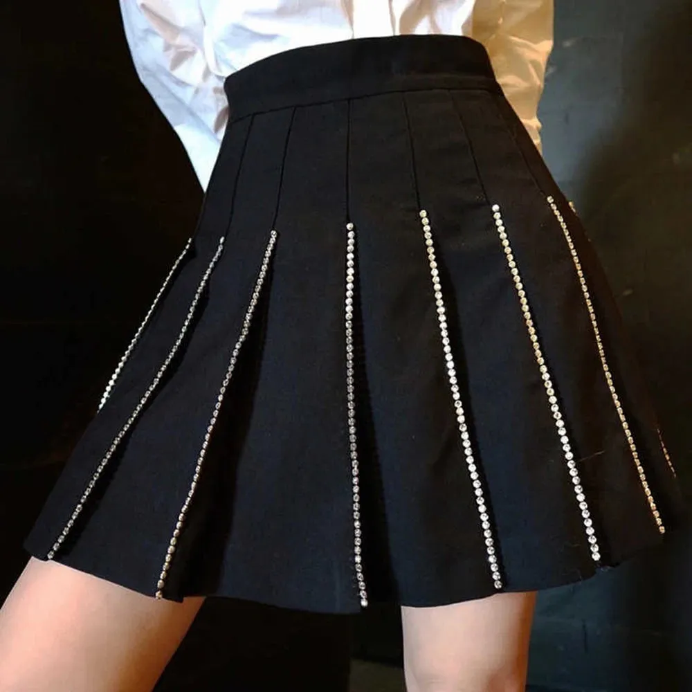 Korean Patchwork Diamond Skirt For Female High Waist Solid Minimalist Mini Pleated Skirts Women Fashion Summer