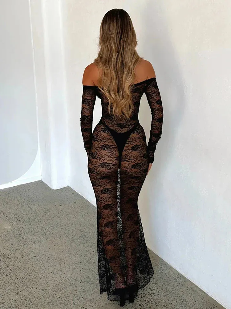 Lace Elegant Long Off Shoulder Backless Autumn Winter Maxi Dress