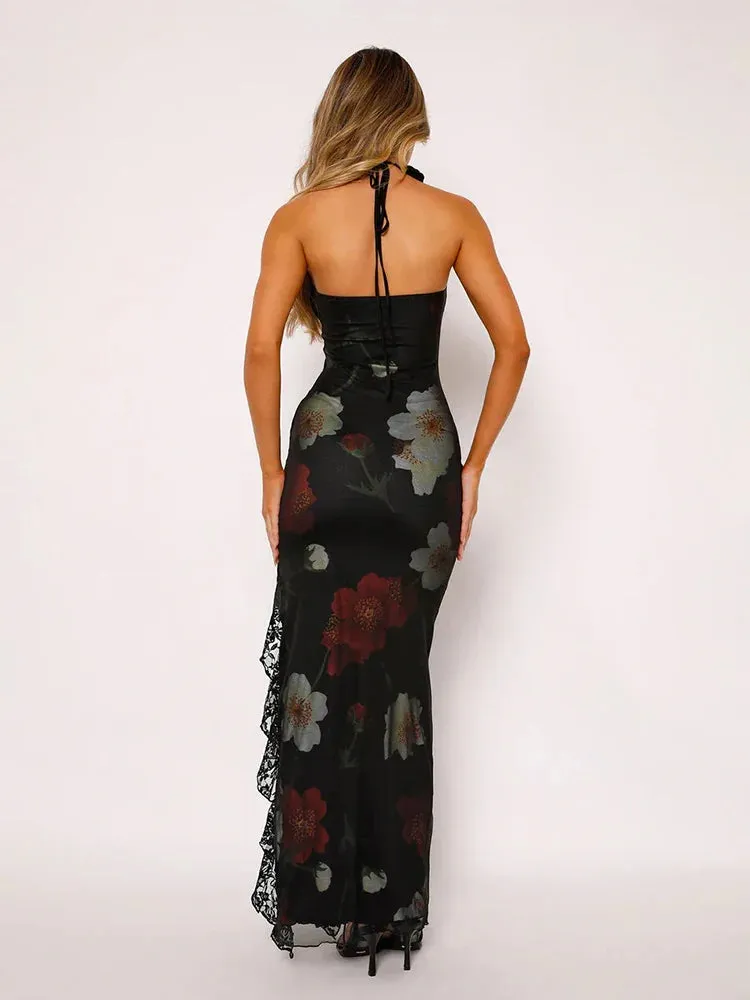 Lace Side Print Slim Bodycon Long Backless Nightclub Sexy Summer Maxi Dress