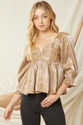 Leopard Iridescent Babydoll Top, Camel