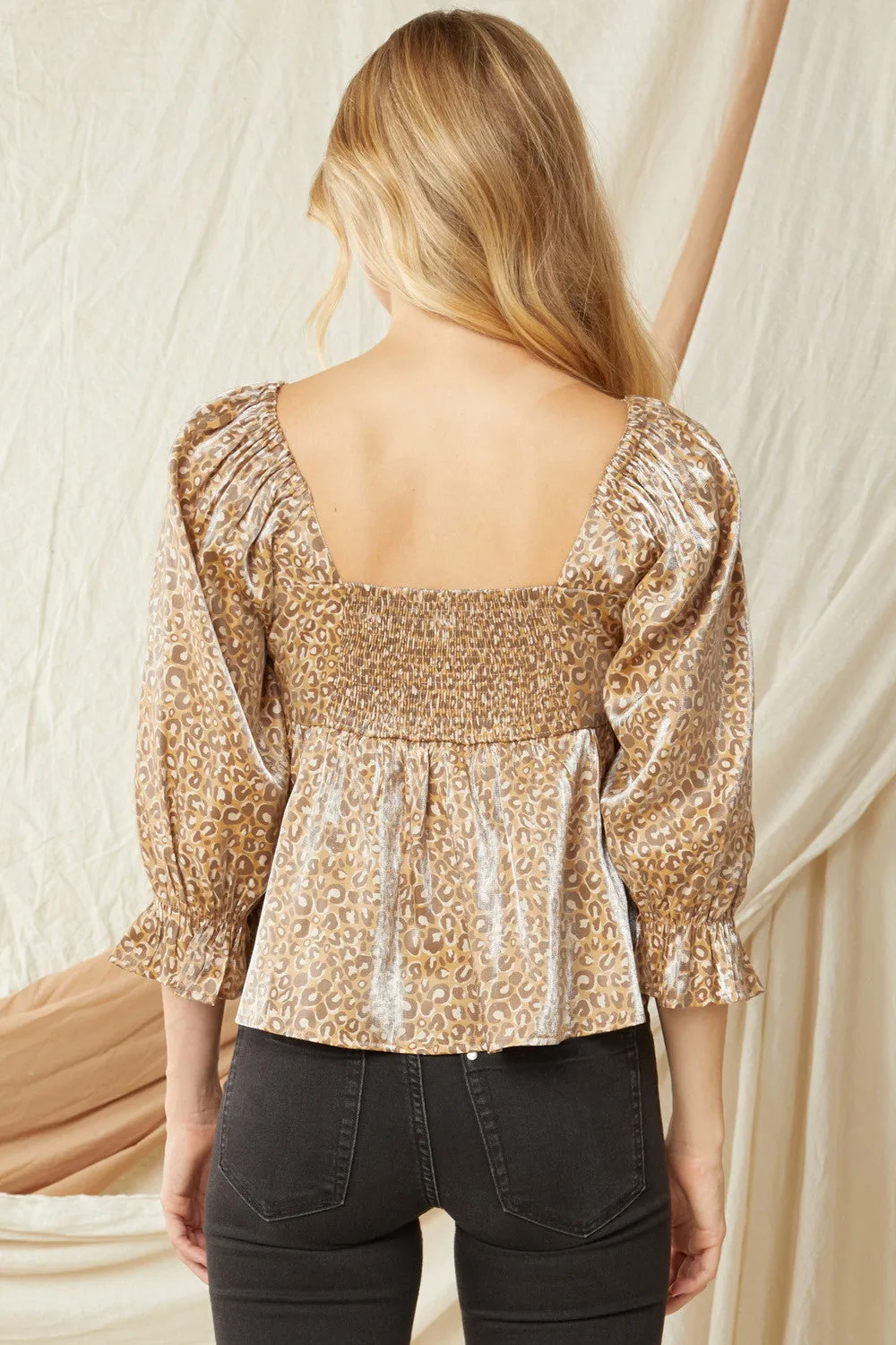 Leopard Iridescent Babydoll Top, Camel