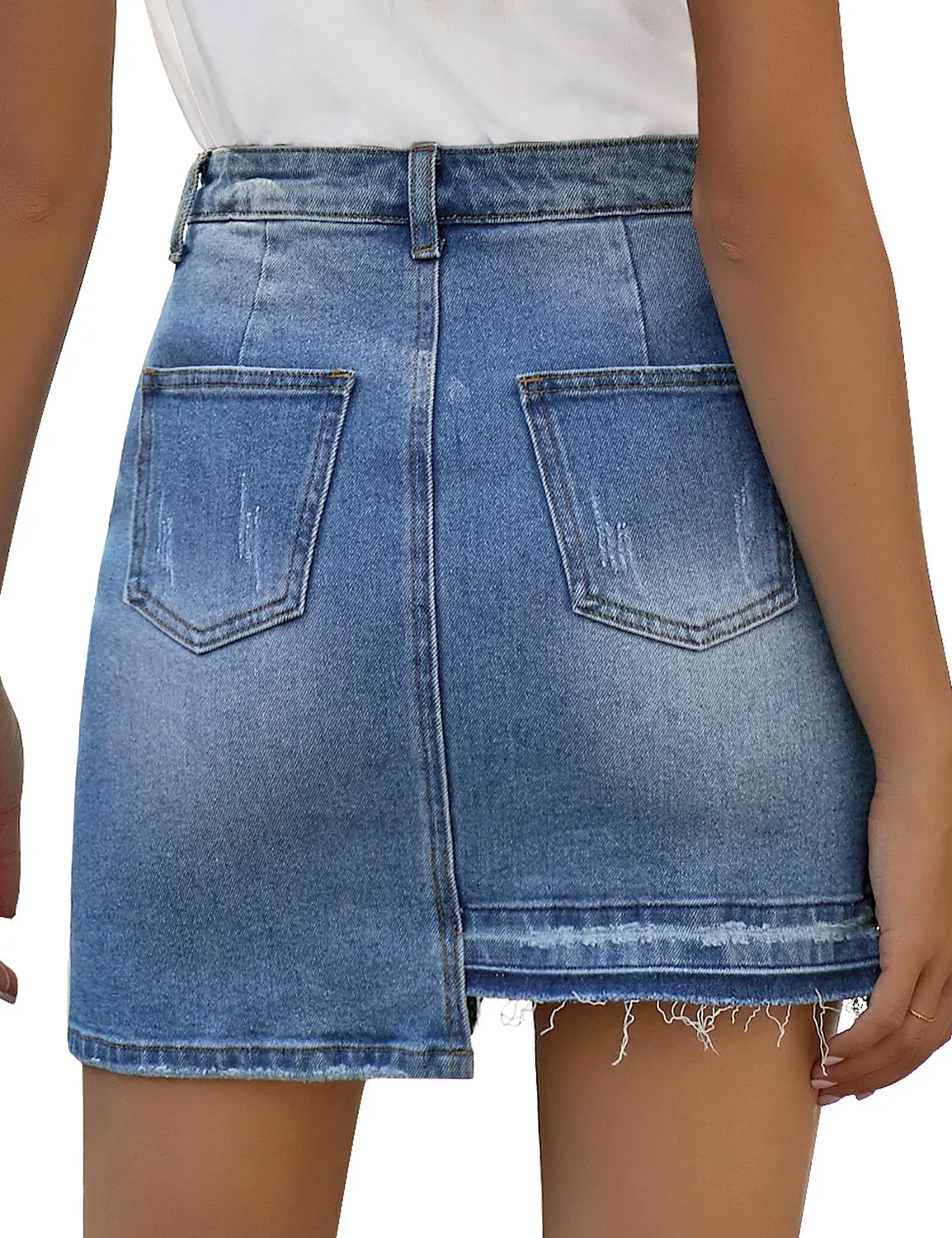 Light Blue High Waist Distressed High Low Hem Denim Mini Skirt